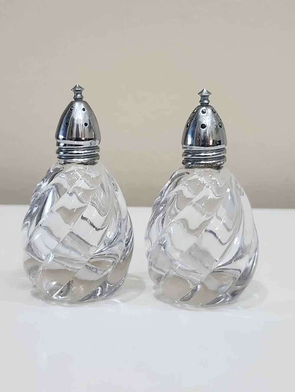 Vintage Glass Salt and Pepper Shakers With Chrome Tops Swirl Design Glossy MCM
